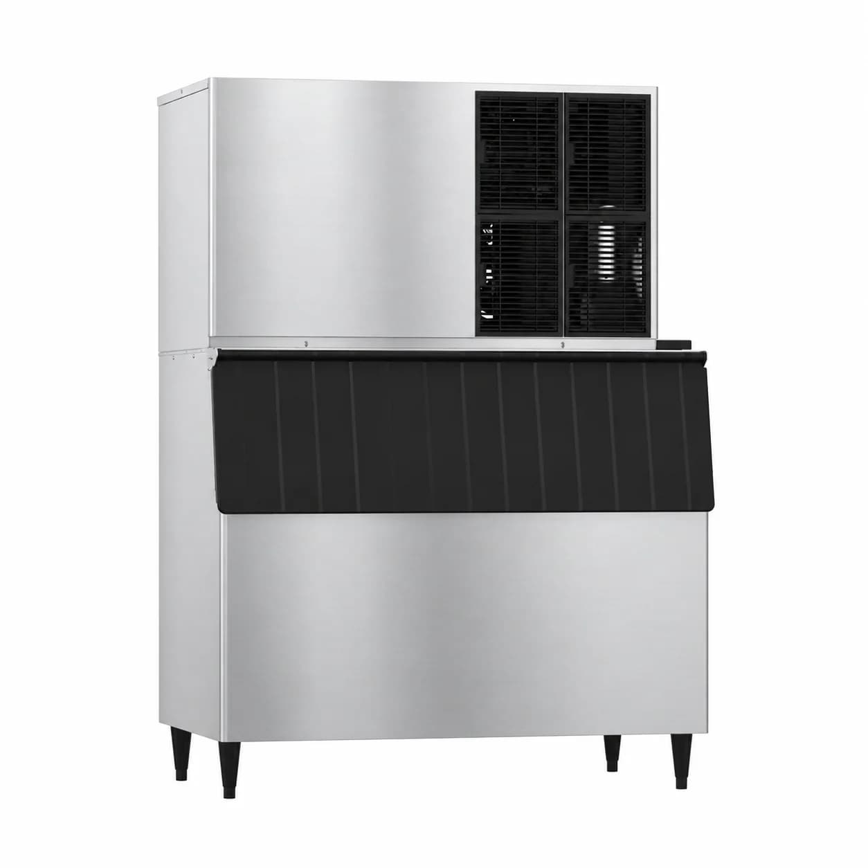Commercial ice machine mounted on an ice storage bin