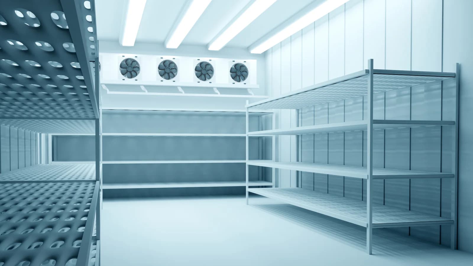 Walk-in cooler interior with evaporator fans and wire shelving
